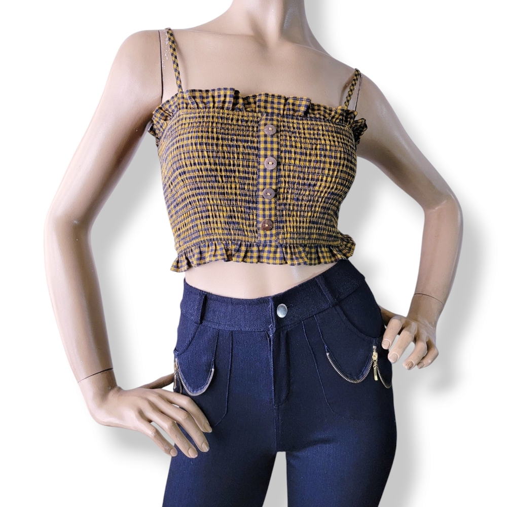 In The Beginning Yellow & Blue Plaid Smocked Button Front Ruffled Trim Crop Top